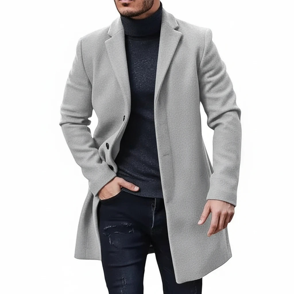Men Winter Coat Lapel Felt Single Breasted Medium Long Trench Coat Solid Color