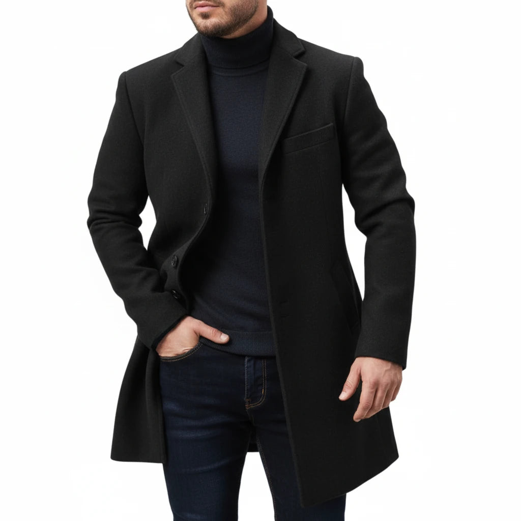 Men Winter Coat Lapel Felt Single Breasted Medium Long Trench Coat Solid Color
