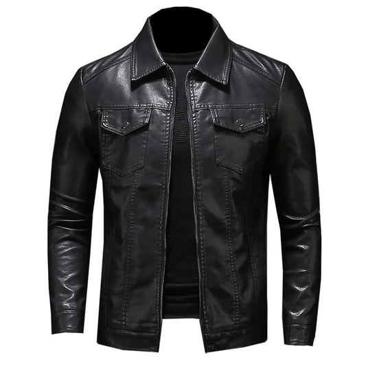 Men's Motorcycle Leather Jacket Large Size Pocket Black Zipper Lapel Slim Fit Male Spring and Autumn High Quality Pu Coat M-5XL