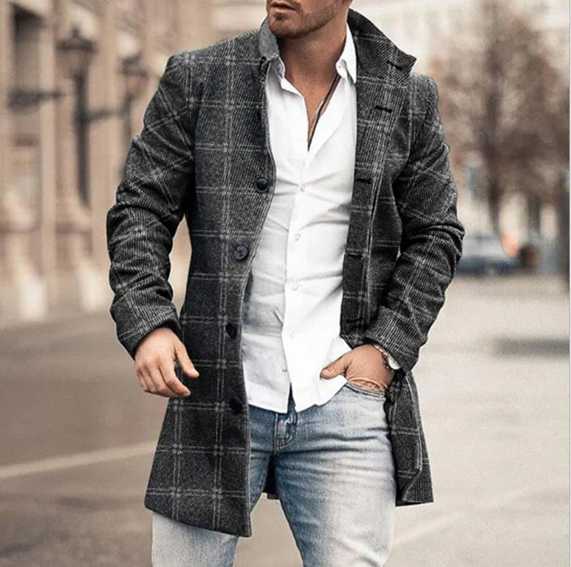 Men’s Plaid  Polyester Turn-down Collar Casual Coat