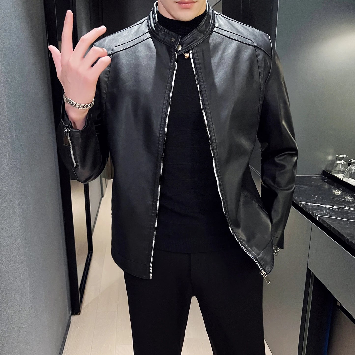 Men Faux Leather Jacket Long Sleeve Zipper Outerwear Street Tops Coats