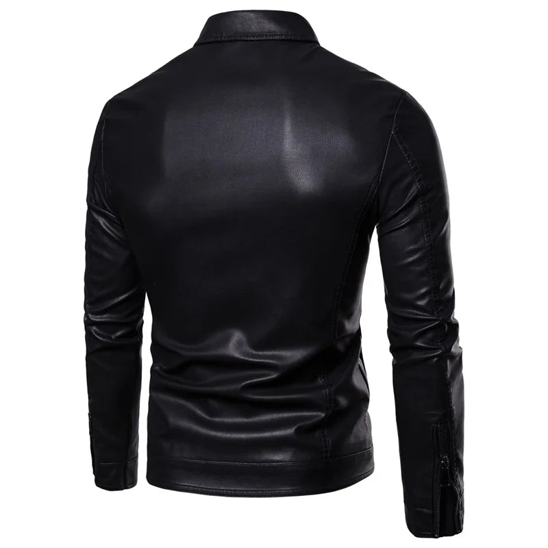 Men's Casual Streetwear Leather Black Multi Pocket Slim Fit PU Coat