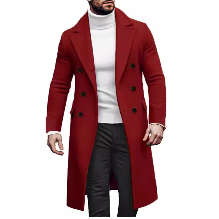Men's Woolen Solid Color Long Sleeve Double Breasted Lapel Collar Long Coat