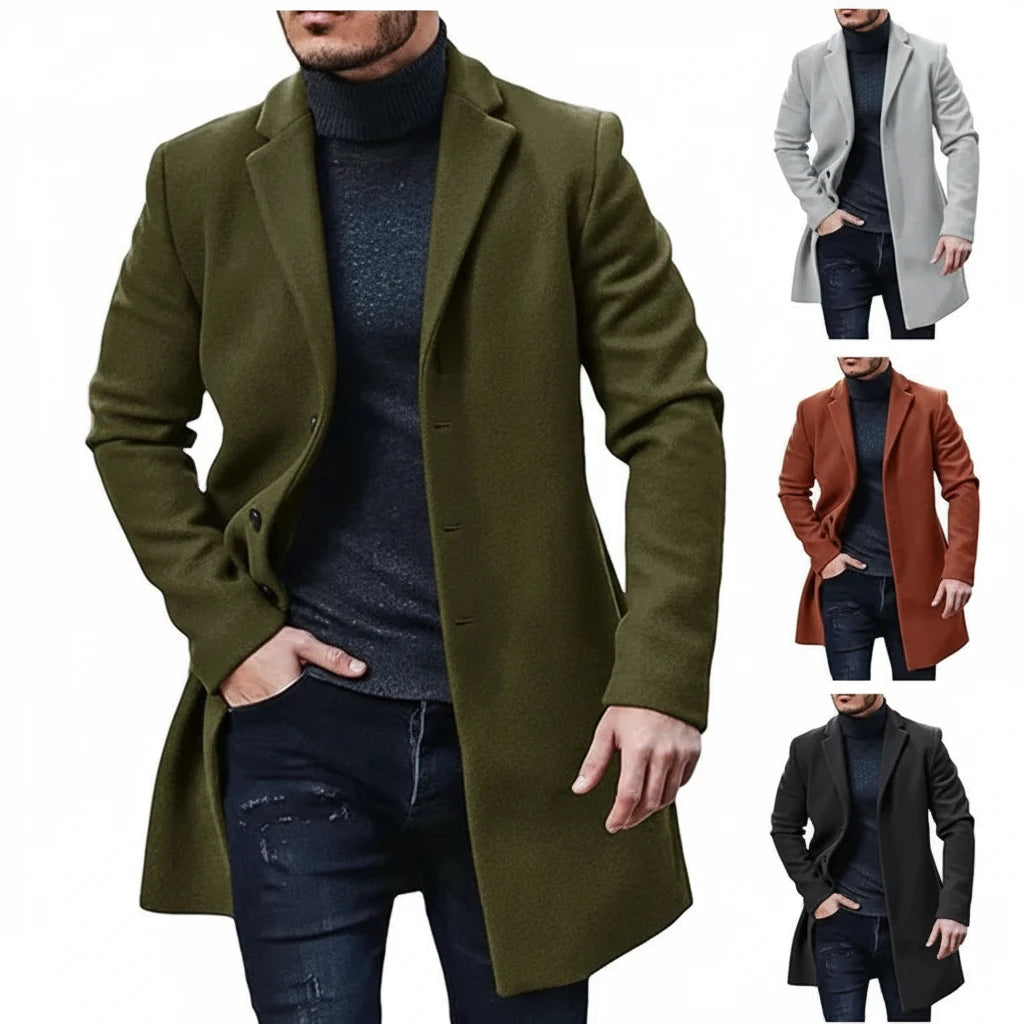 Men Winter Coat Lapel Felt Single Breasted Medium Long Trench Coat Solid Color