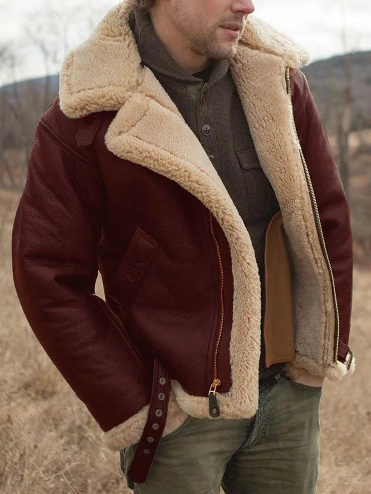 Men Ohsisa Winter Warm Faux Fur Motorcycle Jacket with Zipper