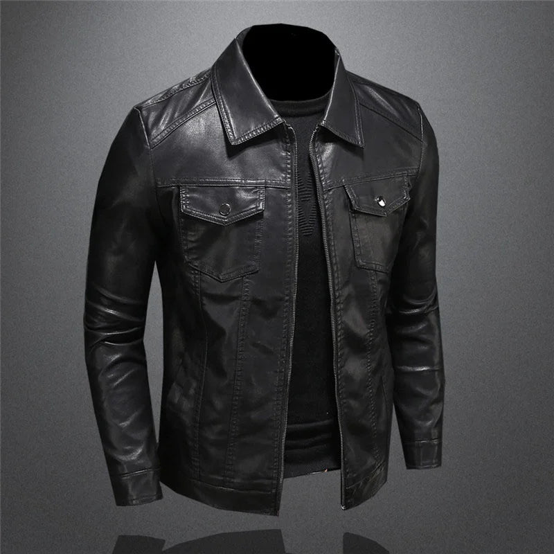 Men's Motorcycle Leather Jacket Large Size Pocket Black Zipper Lapel Slim Fit Male Spring and Autumn High Quality Pu Coat M-5XL
