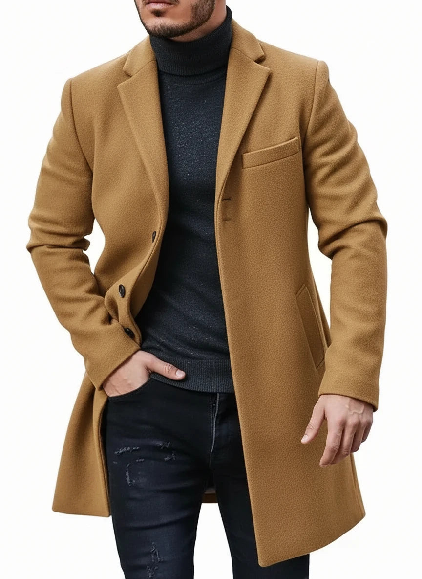 Men Winter Coat Lapel Felt Single Breasted Medium Long Trench Coat Solid Color