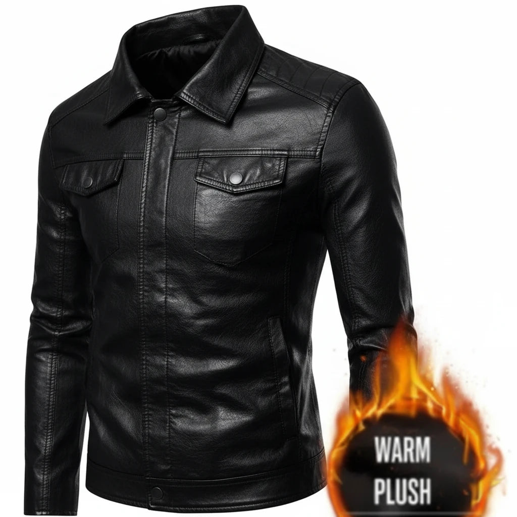 Men's Casual Streetwear Leather Black Multi Pocket Slim Fit PU Coat