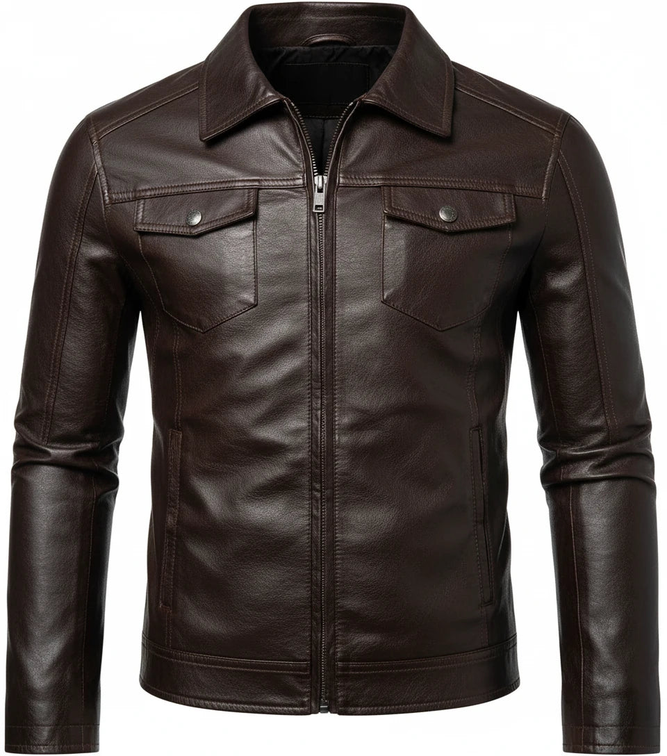 Men's Casual Streetwear Leather Black Multi Pocket Slim Fit PU Coat