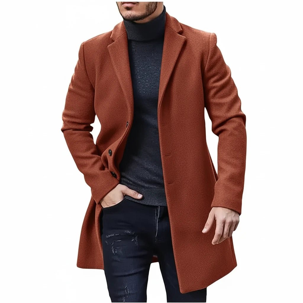 Men Winter Coat Lapel Felt Single Breasted Medium Long Trench Coat Solid Color