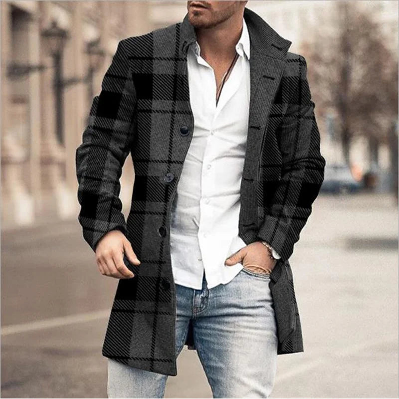 Men’s Plaid  Polyester Turn-down Collar Casual Coat