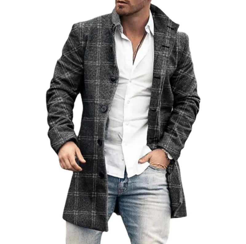 Men’s Plaid  Polyester Turn-down Collar Casual Coat
