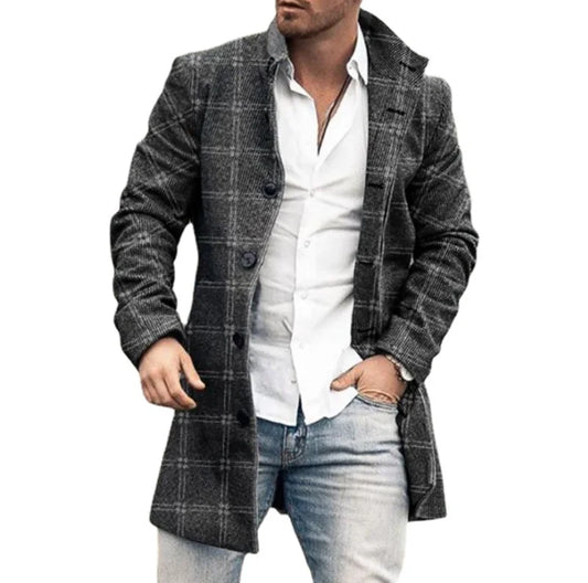 Men’s Plaid  Polyester Turn-down Collar Casual Coat