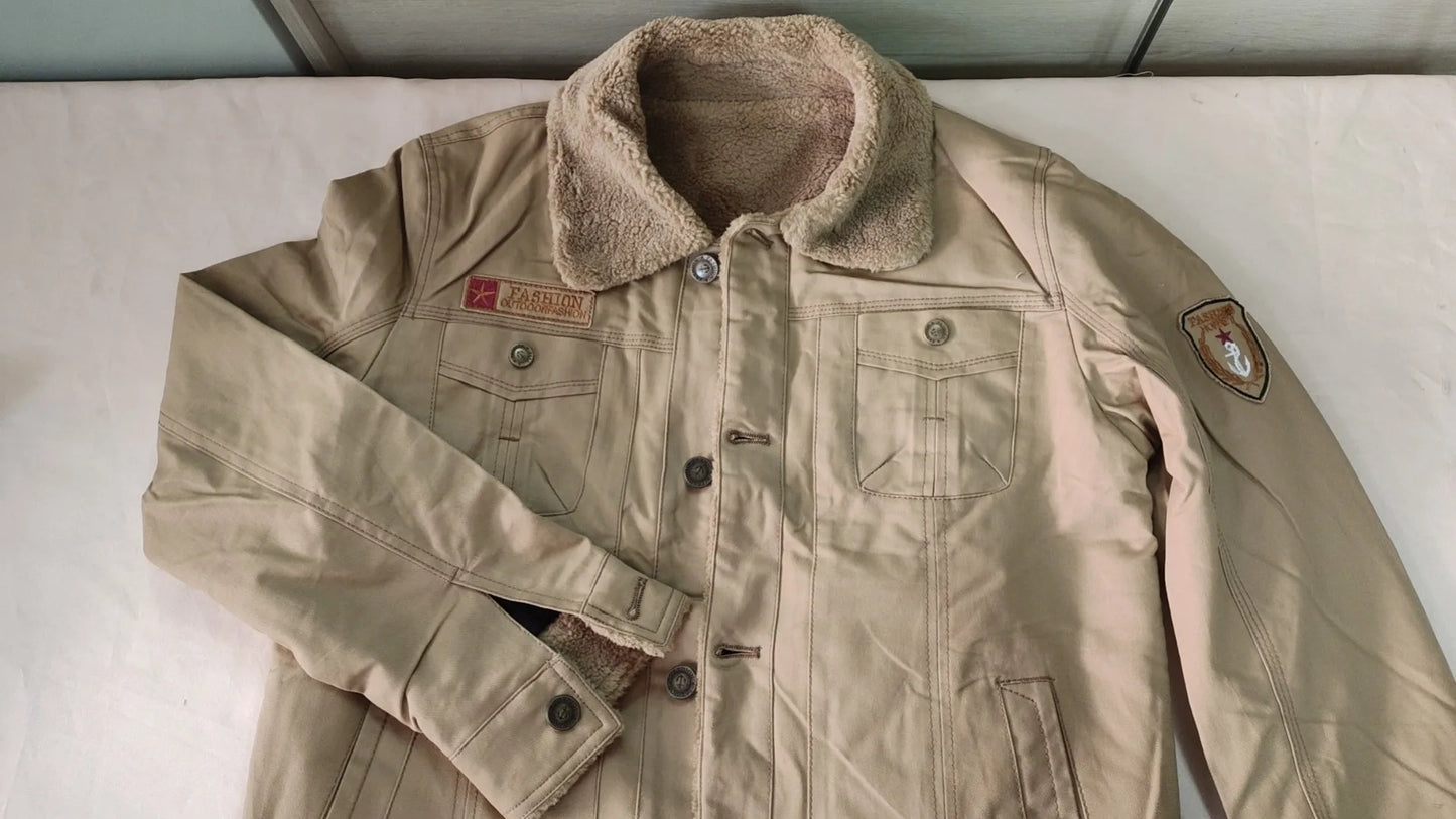 Men Winter Warm Fur Collar Men Fleece Solid Color Coat
