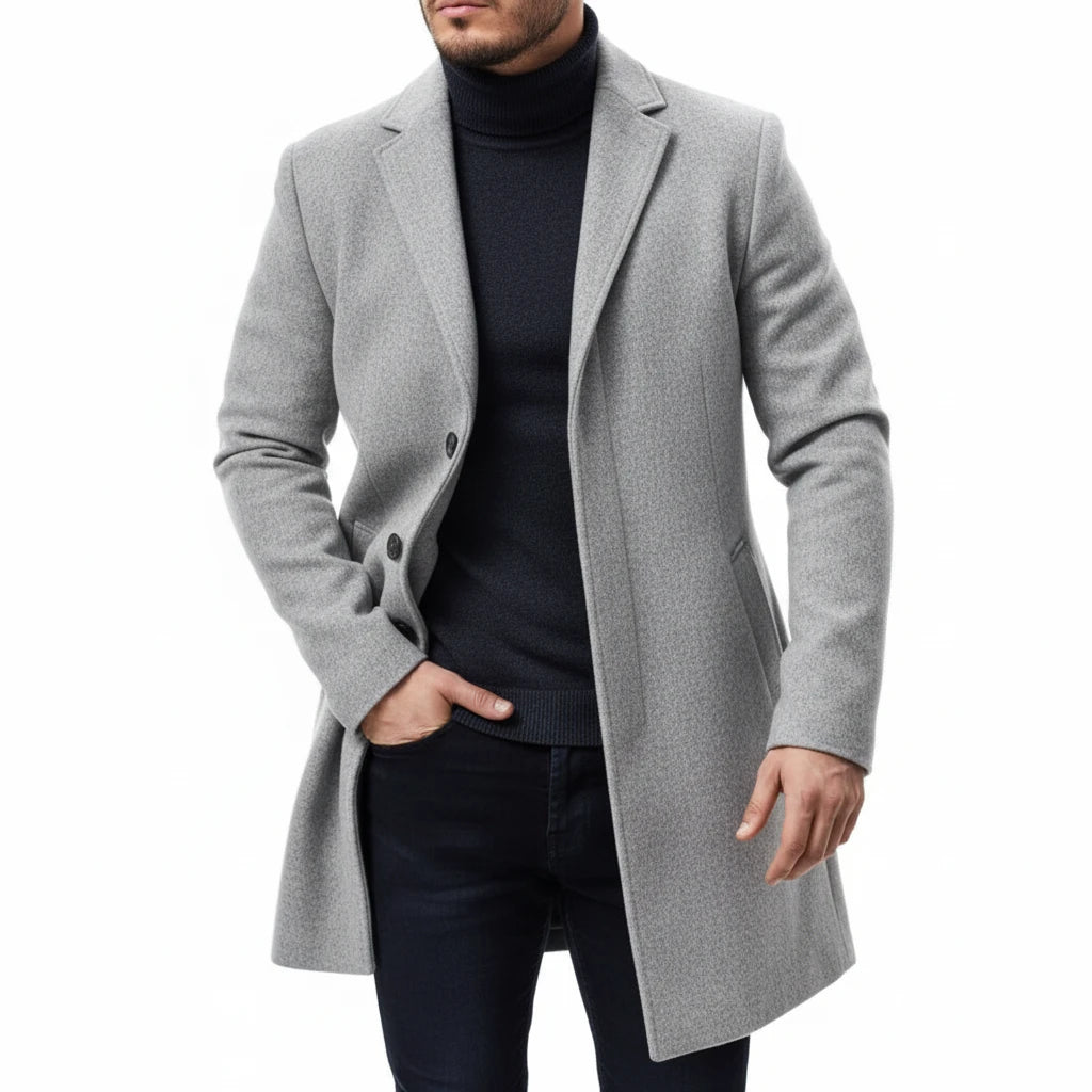 Men Winter Coat Lapel Felt Single Breasted Medium Long Trench Coat Solid Color