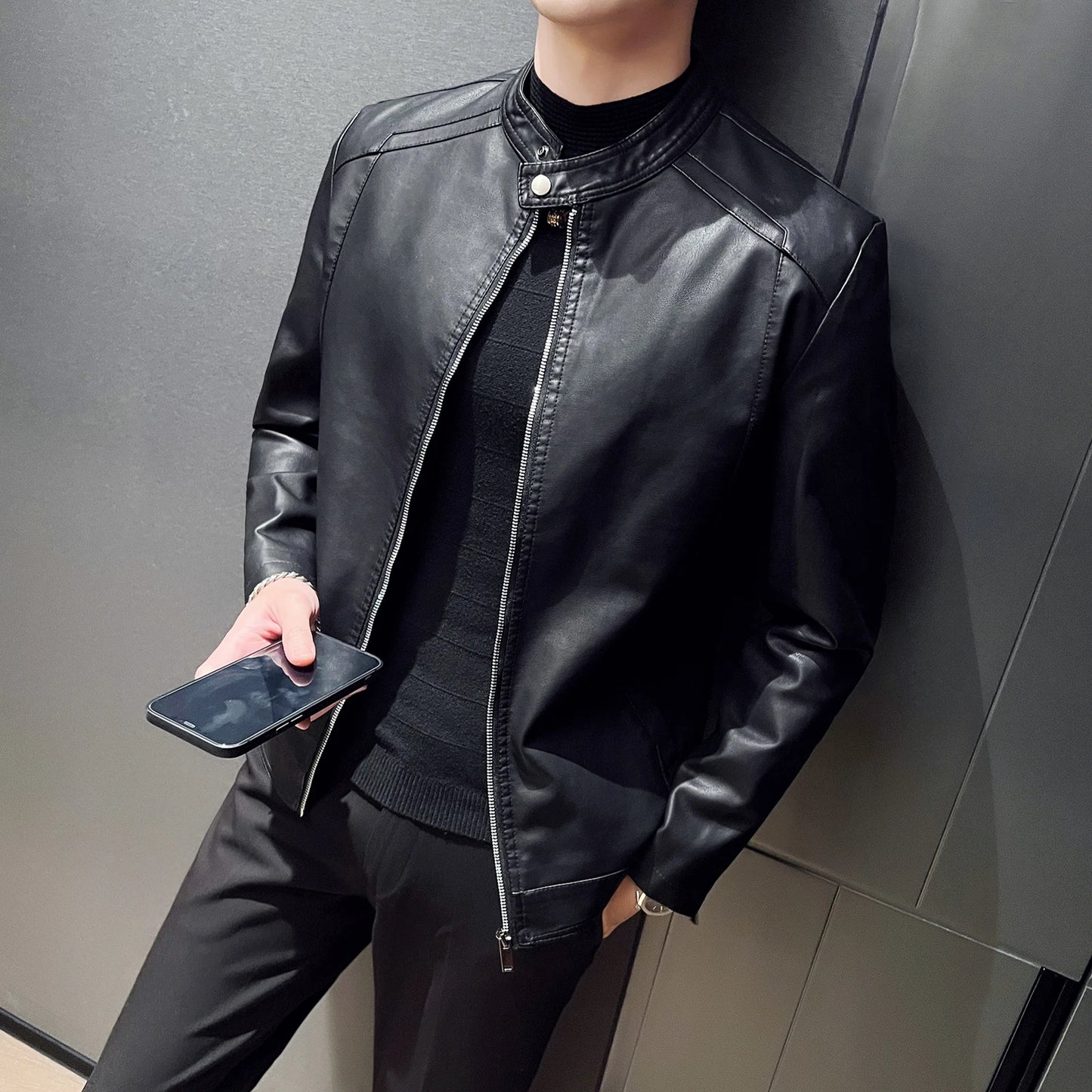 Men Faux Leather Jacket Long Sleeve Zipper Outerwear Street Tops Coats
