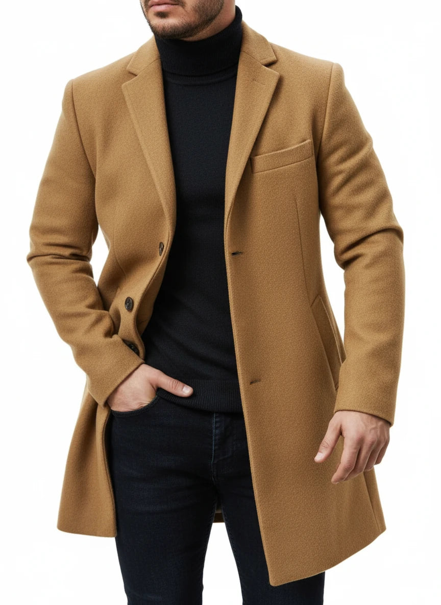 Men Winter Coat Lapel Felt Single Breasted Medium Long Trench Coat Solid Color