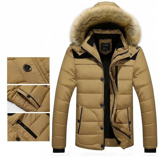 Men Winter Outerwear Thick Fur Collar Hooded Jacket Warm Wool Liner Plus Size 6XL Coat