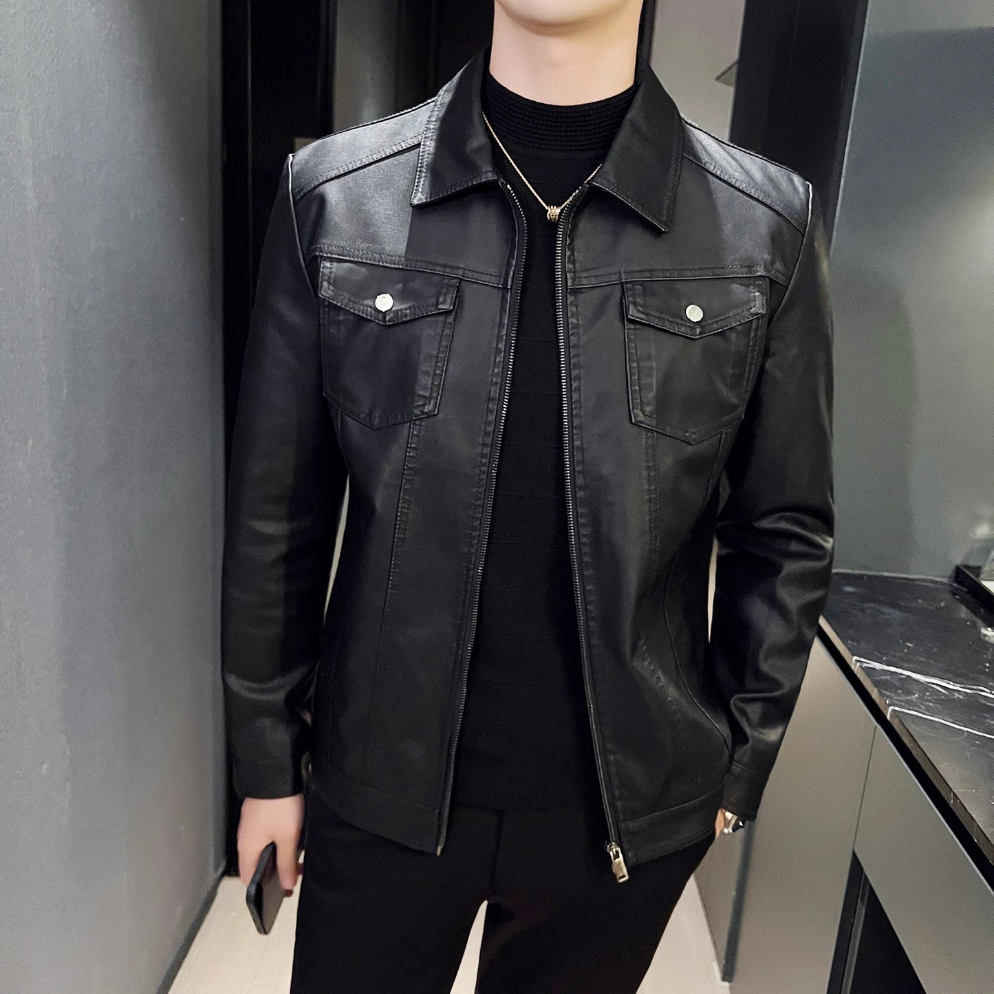 Men's Casual Streetwear Leather Black Multi Pocket Slim Fit PU Coat