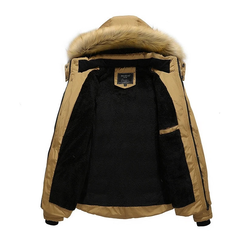 Men Winter Outerwear Thick Fur Collar Hooded Jacket Warm Wool Liner Plus Size 6XL Coat