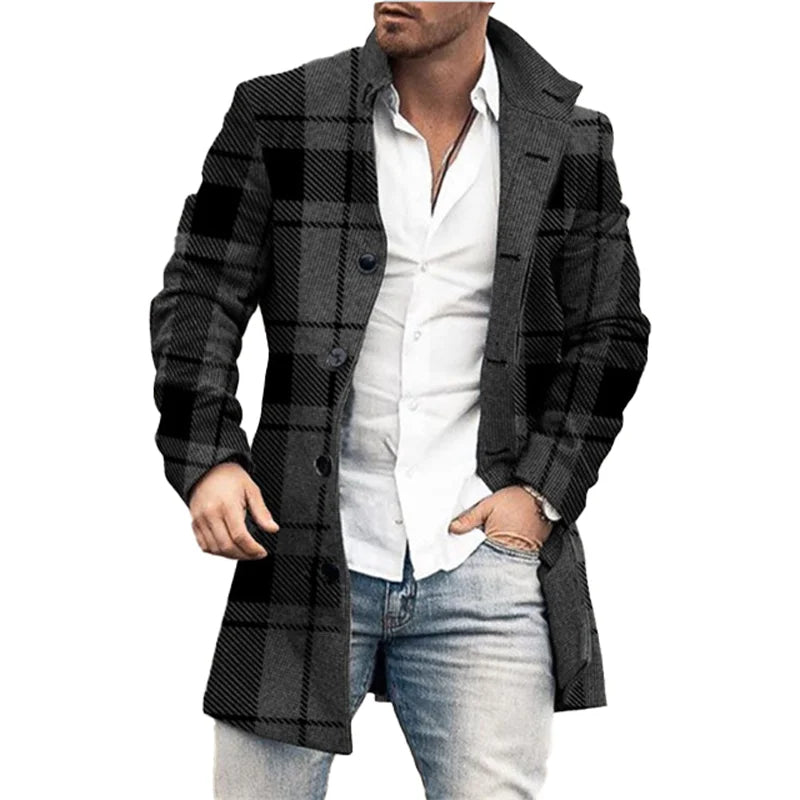 Men’s Plaid  Polyester Turn-down Collar Casual Coat