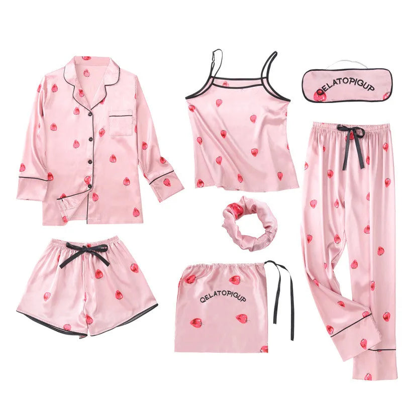 JULY'S SONG Pink Women's 7 Pieces Pajamas Sets Faux Silk Striped Pyjama Women Sleepwear Sets Spring Summer Autumn Homewear