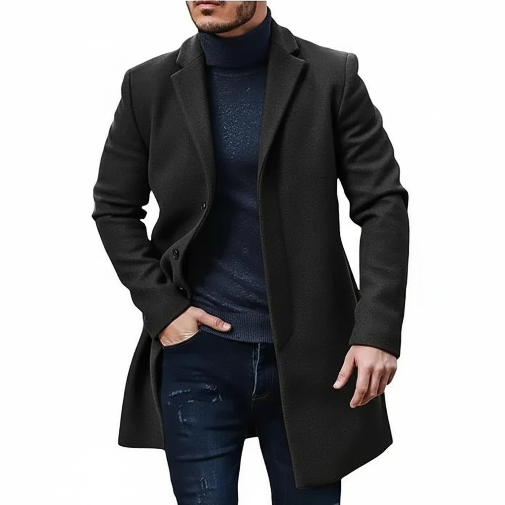 Men Winter Coat Lapel Felt Single Breasted Medium Long Trench Coat Solid Color