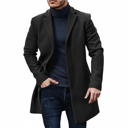 Men Winter Coat Lapel Felt Single Breasted Medium Long Trench Coat Solid Color
