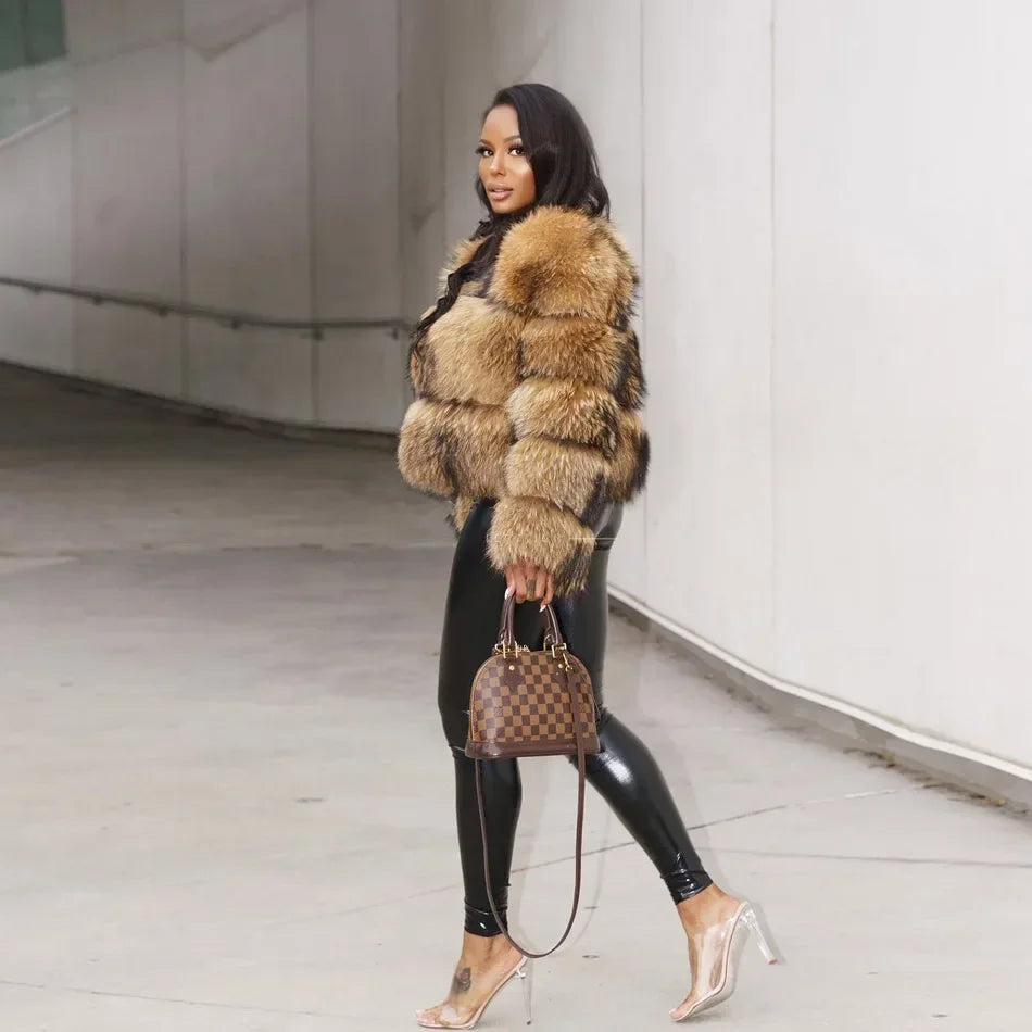 Women Fur coat Maomaokong High Quality Raccoon Fox Fur Long Sleeve With Hat