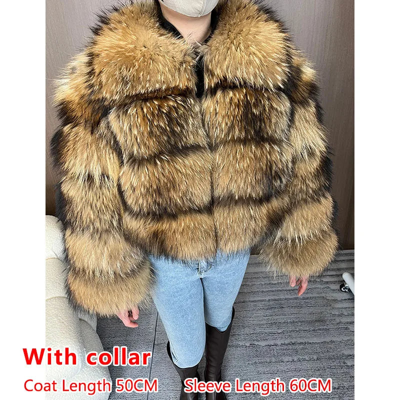 Women Fur coat Maomaokong High Quality Raccoon Fox Fur Long Sleeve With Hat