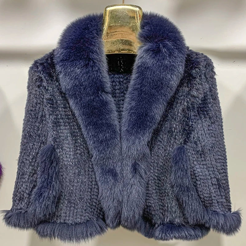 Women Fur Poncho Knitted 100% Natural Real Mink Shawl Natural Fox Fur