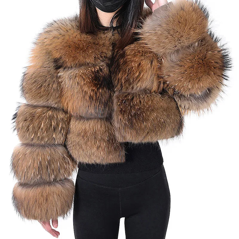Women Fur coat Maomaokong High Quality Raccoon Fox Fur Long Sleeve With Hat