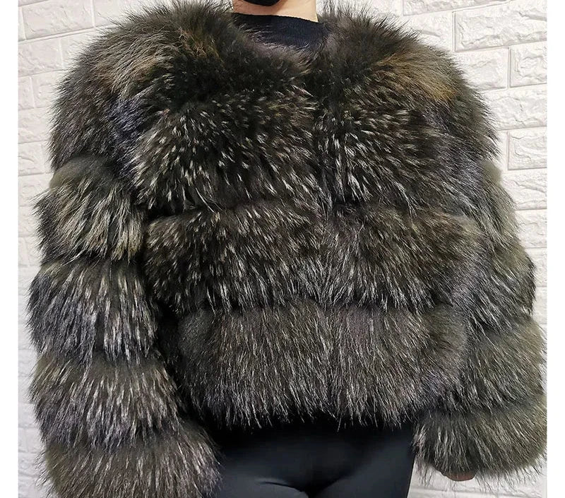 Women Fur coat Maomaokong High Quality Raccoon Fox Fur Long Sleeve With Hat