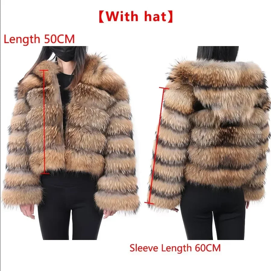 Women Fur coat Maomaokong High Quality Raccoon Fox Fur Long Sleeve With Hat