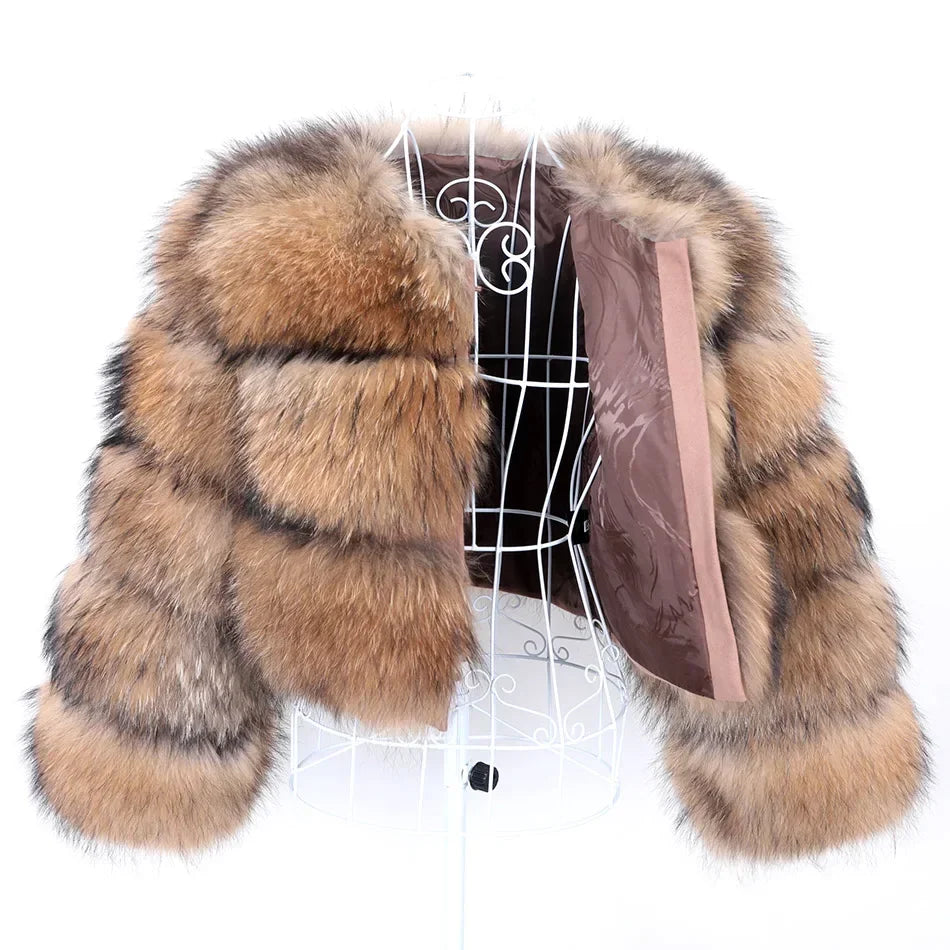 Women Fur coat Maomaokong High Quality Raccoon Fox Fur Long Sleeve With Hat