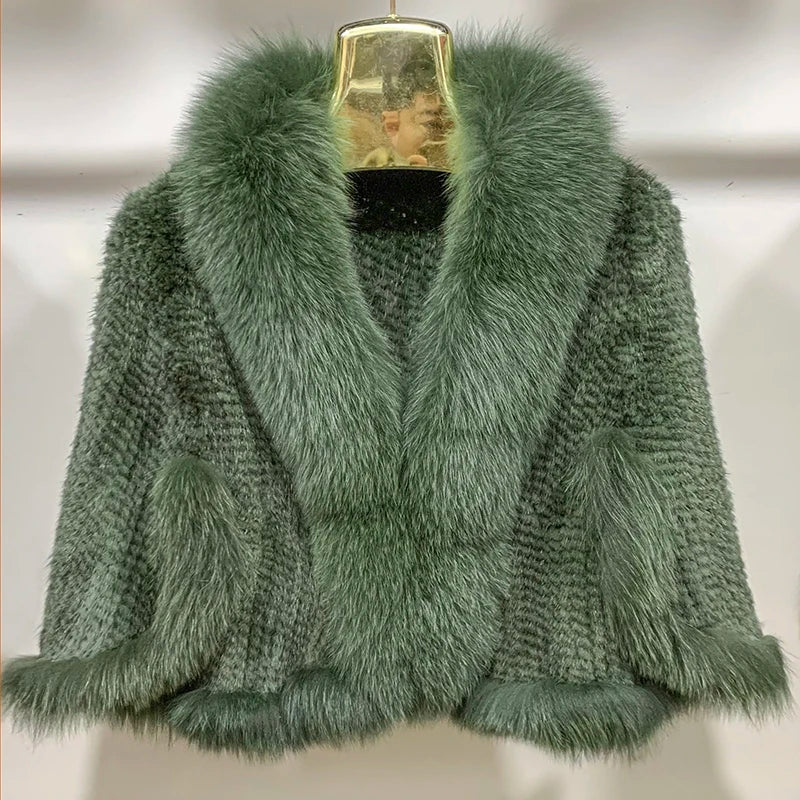 Women Fur Poncho Knitted 100% Natural Real Mink Shawl Natural Fox Fur