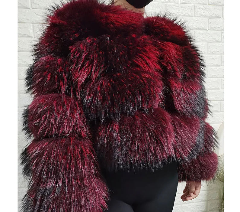 Women Fur coat Maomaokong High Quality Raccoon Fox Fur Long Sleeve With Hat