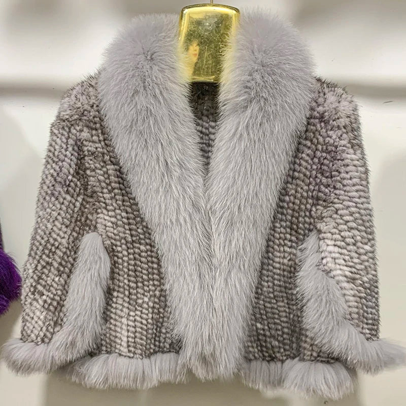 Women Fur Poncho Knitted 100% Natural Real Mink Shawl Natural Fox Fur