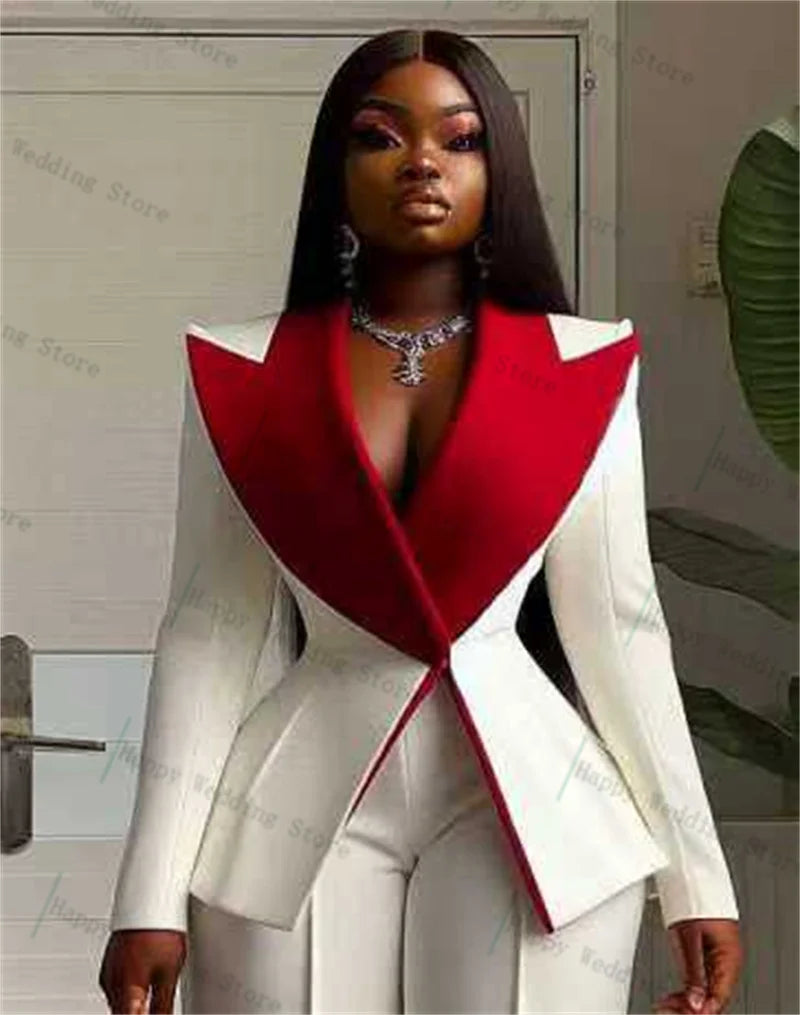 A Women Blazer Pants Trousers Red Lapel Cotton Formal Lady Jacket Customized