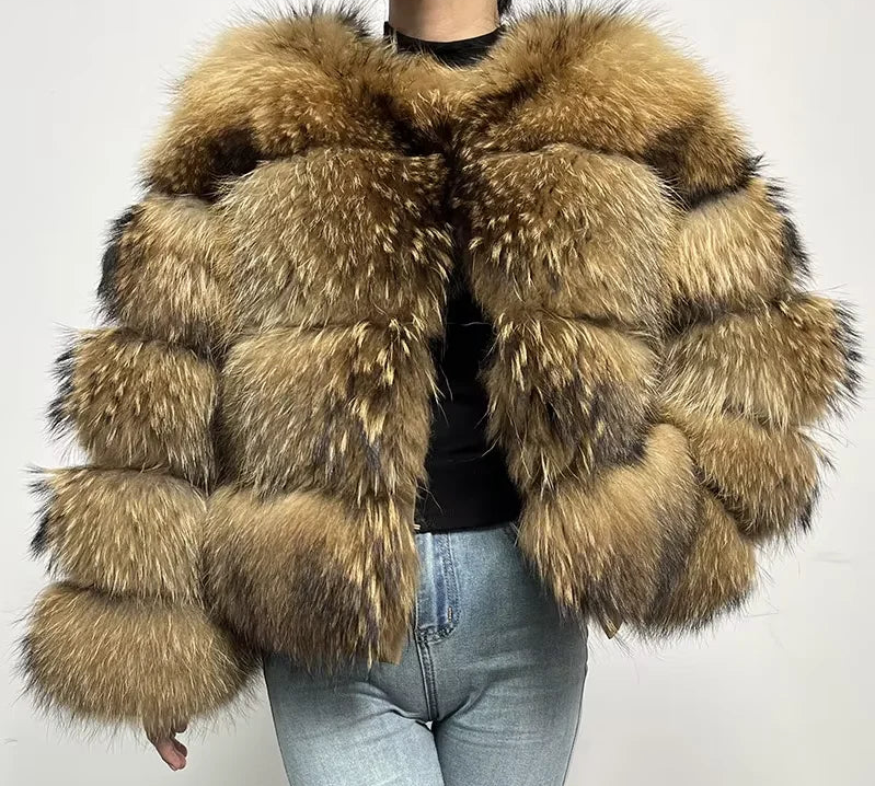 Women Fur coat Maomaokong High Quality Raccoon Fox Fur Long Sleeve With Hat