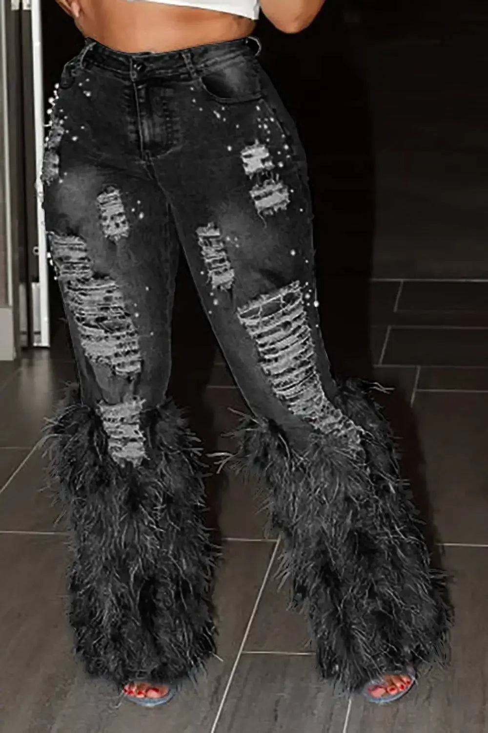 DenimTassel Holes Jeans Vintage Feather High Waist