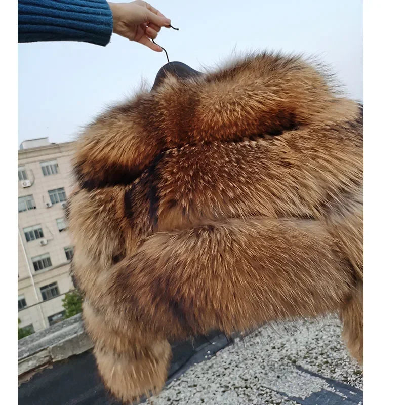 Women Fur coat Maomaokong High Quality Raccoon Fox Fur Long Sleeve With Hat