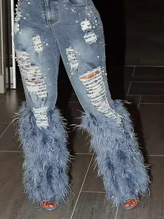 DenimTassel Holes Jeans Vintage Feather High Waist