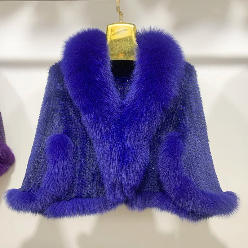 Women Fur Poncho Knitted 100% Natural Real Mink Shawl Natural Fox Fur