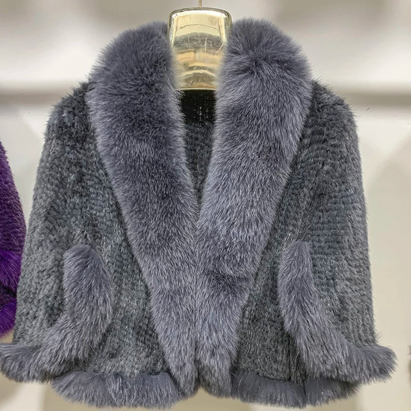 Women Fur Poncho Knitted 100% Natural Real Mink Shawl Natural Fox Fur