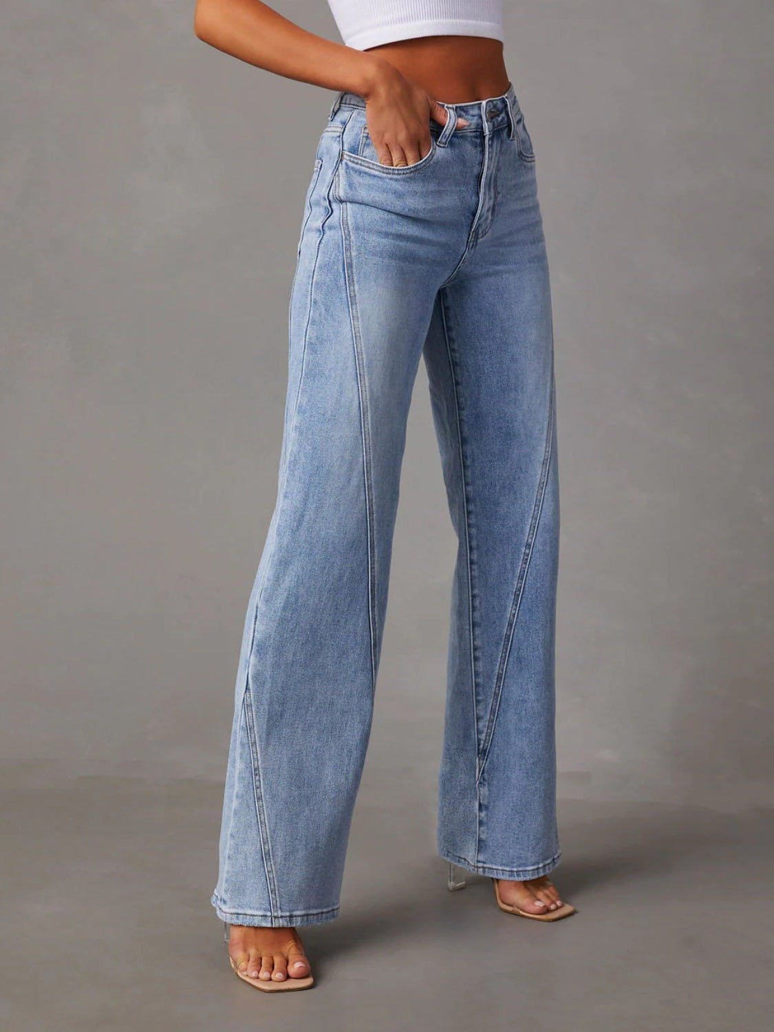 Denim High Waist Straight Jeans with Pockets