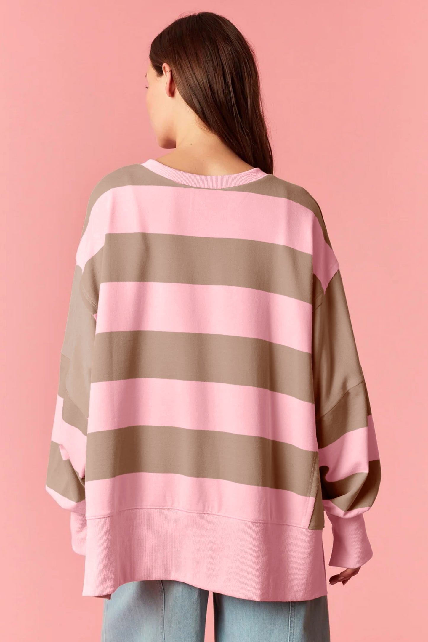 Sweatshirt Pink Stripe Striped Color block Patch Pocket Split Hem Oversized Long Sleeve