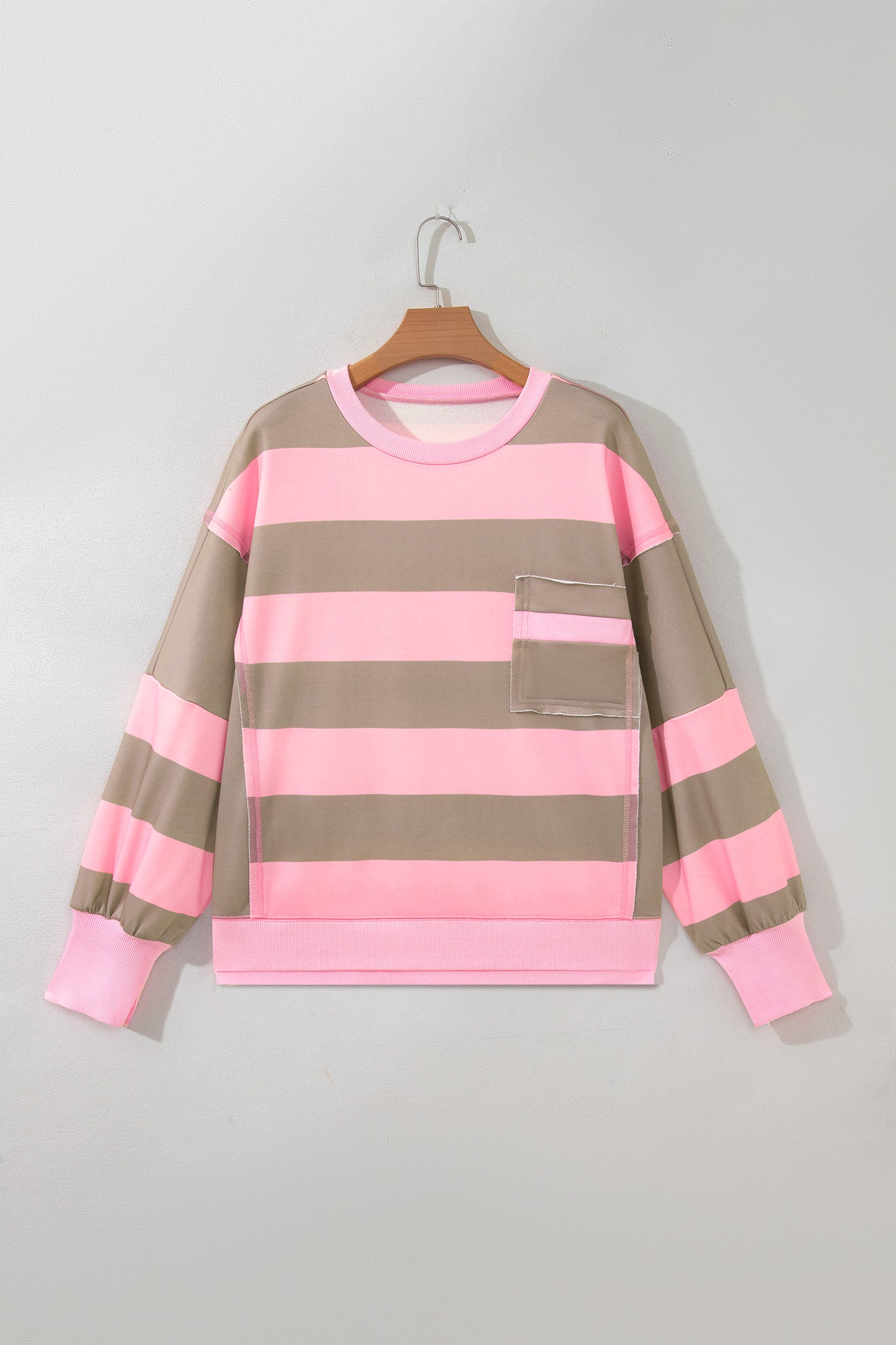 Sweatshirt Pink Stripe Striped Color block Patch Pocket Split Hem Oversized Long Sleeve