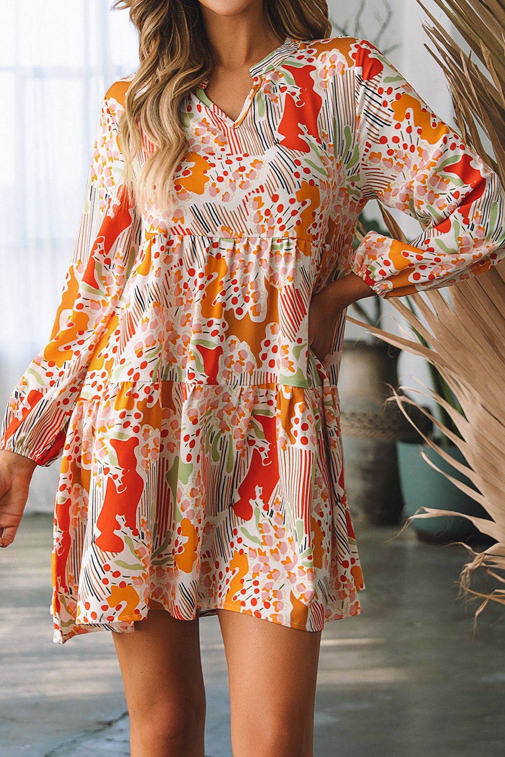 Printed Dress Multicolour Split Neck Puff Sleeve Flowy