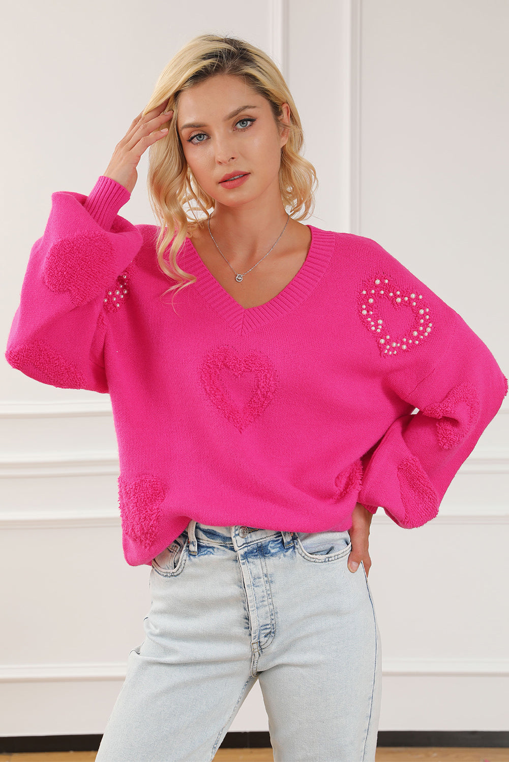 Sweater Rose Red Pearl Embellished Fuzzy Hearts V Neck